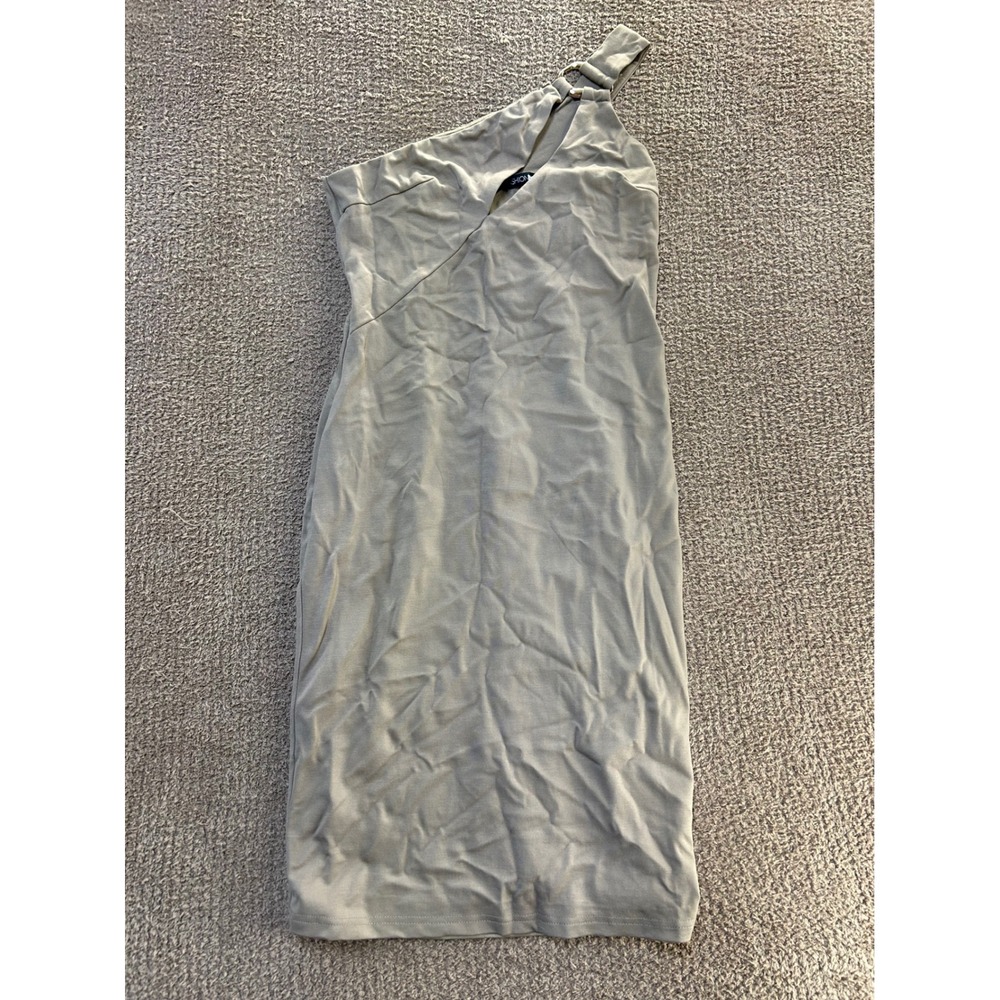 Fashion Nova Amina One Shoulder Ponte Midi Dress Taupe Gold Ring Large NWT - Picture 1 of 5